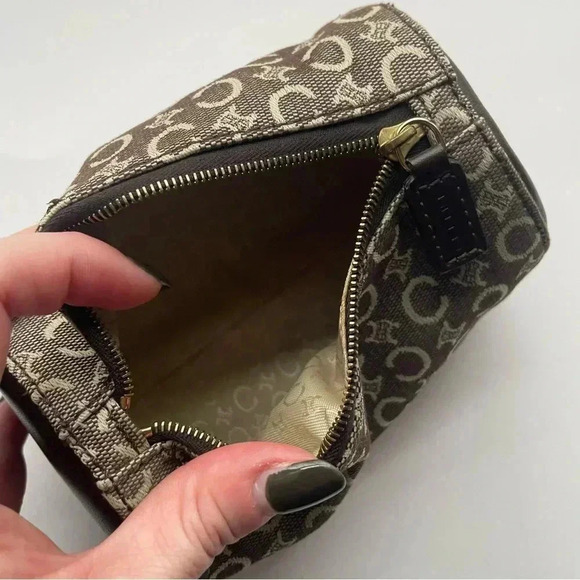 CELINE C Macadam Cosmetics Round Pouch  Canvas Khaki/Gold Hardware MC 00/2 - Picture 6 of 10